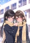  2girls absurdres artist_name azuukichan black_hair black_jacket blue_bow blurry blurry_background blush bow brown_hair closed_mouth commentary_request day highres jacket long_hair long_sleeves looking_at_viewer multiple_girls original outdoors pink_eyes purple_eyes scarf school_uniform shirt smile white_shirt yellow_scarf 