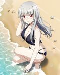  1girl artist_request barefoot beach bikini black_bikini blush breasts cleavage closed_mouth collarbone glasses heidimarie_w._schnaufer large_breasts long_hair looking_at_viewer navel non-web_source ocean official_art outdoors red_eyes seashell shell smile solo strike_witches swimsuit white_hair world_witches_series 