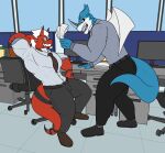  absurd_res anthro bandai_namco blue_body blue_skin chair clothed clothing computer desk dg254 digimon digimon_(species) digital_media_(artwork) dragon duo exveemon furniture growlmon hair hi_res horn male male/male markings muscular muscular_anthro muscular_male office office_chair reptile scalie table wings yellow_eyes 