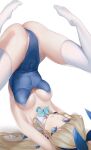  1girl absurdres animal_ears areola_slip armpits arms_behind_back ass blonde_hair blue_archive blue_bow blue_leotard bow bowtie breasts cameltoe covered_navel detached_collar fake_animal_ears headset highres himerin knees_up large_breasts leotard long_hair no_shoes official_alternate_costume playboy_bunny rabbit_ears simple_background solo spread_legs strapless strapless_leotard thighhighs thighs toes toki_(blue_archive) toki_(bunny)_(blue_archive) undersized_breast_cup upside-down white_background 
