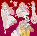  1boy 1girl absurdres arm_hair barefoot breasts chest_hair colored_sclera discord_(my_little_pony) dress envelope fluttershy highres long_hair multicolored_hair my_little_pony my_little_pony:_friendship_is_magic nightgown off_shoulder pale_skin pelma personification pink_hair poi rabbit red_background red_eyes shirt streaked_hair vampire very_long_hair white_dress white_nightgown yellow_sclera yellow_shirt 