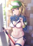 1girl absurdres ahoge artoria_pendragon_(fate) baseball_cap bikini bikini_top_lift blonde_hair blue_eyes blue_ribbon breasts censored closed_mouth clothes_lift commentary cosplay cowboy_shot day fate/grand_order fate_(series) green_headwear hat highres holding holding_sword holding_weapon lifted_by_self long_hair long_sleeves looking_at_viewer mysterious_heroine_xx_(fate) mysterious_heroine_xx_(fate)_(cosplay) navel nipples ohguro_mariya one_breast_out original outdoors ponytail ribbon shrug_(clothing) side-tie_bikini_bottom smile solo stomach swimsuit sword thigh_strap toned weapon white_bikini 
