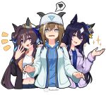  3girls @_@ artist_name blue_eyes blue_hair breasts brown_hair casual cheval_grand_(umamusume) collarbone dark_blue_hair earrings hair_between_eyes hair_ornament hat horse_girl jacket jewelry long_hair looking_at_viewer medium_breasts medium_hair midriff mouhantain multiple_girls open_mouth purple_eyes siblings simple_background single_earring sparkle twintails umamusume verxina_(umamusume) vivlos_(umamusume) white_background 