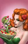  1girl artist_name bowl cereal dated david_nakayama dc_comics english_text flower food gloves green_eyes green_gloves green_leotard hair_flower hair_ornament highres holding holding_bowl holding_food initial leotard long_hair orange_hair pink_background plant poison_ivy red_flower red_rose rose simple_background upper_body venus_flytrap vines 