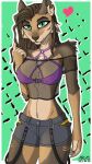  &lt;3 absurd_res anthro arias arm_tuft border bottomwear bra breasts brown_body brown_fur brown_hair cheek_tuft chest_tuft claws cleavage clipped_ear clothed clothing elbow_tuft facial_tuft fangs felid female fur green_background green_eyes grey_clothing hair hair_twirl hi_res hip_tuft inner_ear_fluff looking_at_viewer machairodontine mammal medium_breasts mesh_top navel panties purple_clothing sabertooth_(anatomy) sabryna_saberclaw shorts shoulder_tuft simple_background solo standing tan_body tan_fur teeth topwear tuft underwear white_border yellow_clothing 