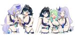  3girls antlers bikini_under_shorts black_hair blush breasts ceres_fauna cleavage closed_eyes collarbone eus_ing fangs green_hair hololive hololive_english hololive_indonesia hololive_summer_2023_swimsuit large_breasts long_hair medium_hair mole mole_under_eye multiple_girls navel one_eye_closed ouro_kronii pavolia_reine purple_hair star-shaped_pupils star_(symbol) swimsuit symbol-shaped_pupils very_long_hair virtual_youtuber 