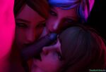  1boy 3d 3girls blonde_hair blue_hair brown_hair chloe_price completely_nude dark-skinned_male dark_skin deadbolt deadboltreturns fellatio group_sex highres interracial life_is_strange max_caulfield multiple_girls nude oral rachel_amber 