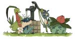  closed_eyes drizzile everyone faucet frogadier grass grovyle highres ivysaur mashita._(mentaiko_omoti) no_humans open_mouth pokemon pokemon_(creature) pouring red_eyes reptile water white_background 