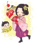  1boy 1girl :d :q ace_attorney bangs_pinned_back black_footwear black_hair blush blush_stickers boots border cherry chibi closed_eyes crepe dot_nose floral_print food fruit hair_ribbon hair_rings hakama hakama_skirt head_only holding holding_food japanese_clothes kimono leg_up long_skirt long_sleeves no_nose otea_chan outside_border oversized_food oversized_object pink_kimono pleated_skirt purple_hakama purple_skirt ribbon ryunosuke_naruhodo short_hair skirt smile star_(symbol) strawberry susato_mikotoba the_great_ace_attorney tongue tongue_out updo whipped_cream white_border wide_sleeves yellow_background yellow_ribbon 