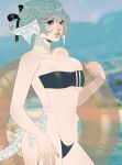  1girl aqua_hair black_ribbon blue_eyes blurry blurry_background breasts cleavage collarbone covered_navel dragon_girl dragon_horns dragon_tail english_commentary final_fantasy final_fantasy_xiv from_side gris_swimsuit hair_bun hair_ribbon hand_on_own_hip haruka_(yiiande) holding horns hyur innertube medium_breasts meme_attire one-piece_swimsuit parted_lips ribbon see-through_swimsuit single_hair_bun solo swimsuit tail warrior_of_light_(ff14) yiiande 