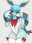  5_fingers accessory anthro big_breasts blue_body blue_eyes blue_hair blue_nose blush bottomwear bow_(feature) bow_accessory bow_ribbon breasts camel_toe canid claws clothed clothing digital_media_(artwork) eeveelution eyelashes female fingers fullpillow_(artist) fur generation_4_pokemon glaceon hair hair_accessory hi_res legwear mammal navel_outline nintendo open_mouth pokemon pokemon_(species) red_bow ribbons sailor_uniform simple_background skirt solo stockings tail thick_eyelashes thigh_highs topwear white_clothing white_legwear white_stockings 