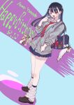  1girl bag black_hair blush boku_no_kokoro_no_yabai_yatsu cardigan full_body gyaru happy_birthday highres keychain loose_socks nail_polish necktie official_art open_mouth piercing red_nails sakurai_norio school_bag school_uniform socks yamada_anna 