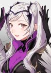  1girl blush bodysuit bodysuit_under_clothes breasts brown_eyes cleavage commentary_request fire_emblem fire_emblem_awakening fire_emblem_heroes gloves glowing_bodysuit highres long_hair official_alternate_costume open_mouth peach11_01 robe robin_(female)_(fire_emblem) robin_(female)_(resplendent)_(fire_emblem) robin_(fire_emblem) smile solo twintails upper_body white_hair 