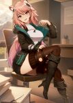  1girl absurdres animal_ear_fluff arknights armor boots breastplate earpiece gravel_(arknights) hand_up high_heel_boots high_heels highres jacket knee_up long_hair open_clothes open_jacket partially_unzipped prairie_dog_ears prairie_dog_girl prairie_dog_tail sitting tenjinmeshi 