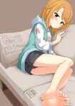  1girl aketa_chika barefoot black_shorts blush couch cover cover_page doujin_cover english_text feet highres hood hoodie idolmaster idolmaster_cinderella_girls looking_at_viewer lying on_couch on_side pillow shorts soles solo yuuki_haru 