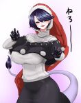  1girl absurdres black_gloves black_skirt blue_hair breasts closed_eyes commentary_request doremy_sweet facing_viewer gloves hat highres ise_corridor large_breasts long_sleeves nightcap pom_pom_(clothes) purple_background red_headwear shirt short_hair skirt solo tail tapir_tail touhou white_shirt 