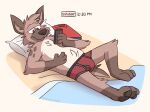 anthro barefoot bed bedding black_seam_briefs black_seam_underwear blanket blush briefs briefs_only brown_body brown_eyes brown_fur brown_pawpads cellphone clothed clothing collared_shirt colored_seam_underwear english_text feet folded_clothes fur furniture hi_res hyena looking_at_object looking_at_phone male mammal mushketeery mushy_(mushketeteery) pawpads phone red_briefs red_clothing red_collared_shirt red_shirt red_topwear red_underwear shirt solo spots tan_body tan_fur text topless topwear underwear underwear_only waking_up 