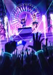  2girls animal_ears arms_up belt black_skirt blue_shirt breasts brown_hair clenched_hand concert crop_top crowd daitaku_helios_(umamusume) flag glowstick highres holding holding_flag horse_ears horse_girl horse_tail jacket long_hair mejiro_palmer_(umamusume) midriff moko39_takasora multicolored_hair multiple_girls navel open_mouth shirt shoes side_ponytail skirt small_breasts smile stage stage_lights standing streaked_hair tail tied_shirt umamusume v white_jacket wristband yellow_shirt 