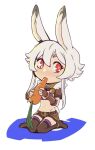  1girl animal_ears armor boots bra broken broken_chain brown_footwear brown_shorts bunny_(d-rex) carrot chain chibi collar d-rex eating food highres holding holding_food leather_armor long_hair metal_collar navel original purple_bra rabbit_ears rabbit_girl rabbit_tail red_eyes shorts shoulder_armor sitting solo tail thigh_boots underwear white_background white_hair 
