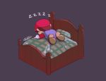  1boy blue_overalls brown_footwear brown_hair cabbie_hat exhausted gameplay_mechanics grey_background hat jemuzu lying mario mario_(series) on_bed on_stomach overalls pillow red_headwear red_shirt scene_reference shirt shoes signature sleeping solo super_mario_rpg zzz 