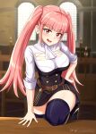  1girl artist_name ascot belt black_thighhighs blush breasts brown_belt buttons canadiananiguy commentary english_commentary fire_emblem fire_emblem:_three_houses garreg_mach_monastery_uniform hand_on_own_hip hilda_valentine_goneril indoors large_breasts long_hair looking_at_viewer open_mouth patreon_logo pink_eyes pink_hair sleeves_rolled_up smile solo table thighhighs thighs twintails twitter_logo uniform very_long_hair white_ascot 