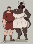  anthro arm_around_shoulders beard big_breasts black_eyes black_hair blue_sclera bovid bovine breasts brown_body brown_fur casloafy cattle cleavage clothed clothing collar dress duo european_mythology facial_hair female full-length_portrait fur greek_mythology grey_background hair hi_res horn huge_breasts humanoid jewelry long_hair male mammal minotaur muscular muscular_anthro muscular_female muscular_male mustache mythology necklace nihea_avarta portrait red_tunic sharp_horn simple_background standing tail tail_tuft thick_thighs tuft tunic white_clothing white_dress wide_hips 