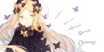  1girl abigail_williams_(fate) black_bow black_dress blonde_hair bow caddy_cyd dress fate/grand_order fate_(series) floating_hair hair_bow key light_smile long_hair looking_at_viewer multiple_hair_bows orange_bow parted_bangs parted_lips polka_dot polka_dot_bow red_eyes solo upper_body white_background 