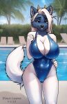  2023 aislinn_(blaze-lupine) anthro big_breasts blaze-lupine blue_clothing blue_eyes blue_swimwear breasts canid canine chest_tuft cleavage clothed clothing cloud digital_media_(artwork) eyebrows eyelashes female fur hi_res huge_breasts inner_ear_fluff looking_at_viewer mammal one-piece_swimsuit outside plant shrub sky solo swimming_pool swimwear tree tuft white_body white_fur 