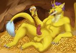  absurd_res animal_genitalia anthro balls claws coin erection genitals gold_(metal) gold_coin hair hi_res horn knot licking licking_lips male mordorinka muscular muscular_male nude penis scalie self_lick solo teeth tongue tongue_out treasure treasure_hoard yellow_body 
