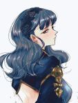  1girl backless_dress backless_outfit blue_dress blue_hair blue_hairband breasts brown_eyes closed_mouth clothing_cutout commentary_request dress fire_emblem fire_emblem:_three_houses fire_emblem_warriors:_three_hopes gold_trim hairband half-closed_eyes highres hk_539099410 lace-trimmed_hairband lace_trim long_hair looking_at_viewer marianne_von_edmund medium_breasts official_alternate_costume official_alternate_hairstyle simple_background solo wavy_hair white_background 