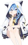  1girl animal_hood bare_legs blue_eyes blue_hair blue_shirt blue_skirt blush bow bowtie bracelet closed_mouth feet_out_of_frame gold_trim hair_between_eyes head_rest highres hololive hood hood_up hooded_jacket hoshimachi_suisei hoshimachi_suisei_(school_uniform) invisible_chair jacket jacket_on_shoulders jewelry legs legs_together long_hair looking_at_viewer nmi_mimi open_clothes open_jacket pleated_skirt sailor_collar shirt short_sleeves sidelocks simple_background sitting skirt solo star_(symbol) star_in_eye symbol_in_eye virtual_youtuber white_background white_jacket yellow_bow yellow_bowtie 