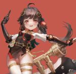  1girl ahoge black_hair breasts chinese_clothes hair_ornament highres holding holding_weapon huge_weapon long_hair mechanical_arms open_mouth pulao_(punishing:_gray_raven) punishing:_gray_raven red_background red_eyes short_sleeves side_ponytail small_breasts teeth thighhighs thighs upper_teeth_only weapon white_thighhighs xiaoxiaoanye 