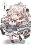  1girl animal_print black_footwear boots breasts chibi cleavage cleavage_cutout clothing_cutout conte_di_cavour_(kancolle) conte_di_cavour_(kancolle)_(cosplay) conte_di_cavour_nuovo_(kancolle) cosplay dress fish_print frilled_dress frills fuji_(pixiv24804665) gloves goldfish_print highres kantai_collection large_breasts long_hair machinery simple_background smokestack solo translation_request two_side_up white_background white_dress white_gloves 