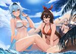  3girls absurdres amber_(genshin_impact) ayul_(ayulneri_92) beach beach_umbrella bikini black_hairband blue_hair blue_sarong blue_sky blurry blush bow bracelet breasts brown_eyes brown_hair closed_mouth cloud commentary_request day depth_of_field eula_(genshin_impact) genshin_impact grey_hair hair_bow hairband hat hat_removed headwear_removed highres hut jewelry large_breasts long_hair looking_at_viewer maid_headdress medium_breasts medium_hair multiple_girls noelle_(genshin_impact) open_mouth outdoors red_bikini sarong sitting sky smile straw_hat swimsuit umbrella v-shaped_eyebrows water wet white_bikini yellow_eyes 