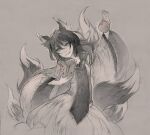  anonymous_artist book breasts canid canine clothed clothing coin_purse digital_drawing_(artwork) digital_media_(artwork) dress female fox fur greyscale hair hi_res humanoid lily_moriya_(anayiara) magic magic_user mammal monochrome multi_tail reading sawitry shaded simple_background sketch smile solo spellbook tail 