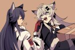  2girls =3 absurdres animal_ears antenna_hair arknights black_coat black_gloves black_hair box brown_background cardboard_box closed_eyes coat fangs feeding food fur-trimmed_coat fur_trim gloves grey_hair hair_ornament hairclip highres holding holding_box holding_food holding_pocky lahaijiaojiao lappland_(arknights) lappland_(refined_horrormare)_(arknights) long_hair looking_at_another messy_hair multiple_girls official_alternate_costume open_mouth pocky red_gloves simple_background teeth texas_(arknights) texas_(winter_messenger)_(arknights) two-tone_gloves upper_body white_coat winter_clothes winter_coat wolf_ears wolf_girl 