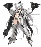  1girl armored_core bare_shoulders blue_eyes breasts closed_mouth commentary_request copyright_name dual_wielding full_body groin gun hair_between_eyes headgear highres holding holding_gun holding_weapon karukan_(monjya) long_hair looking_at_viewer mecha_musume navel personification revealing_clothes simple_background small_breasts solo very_long_hair weapon white_background white_glint white_hair 