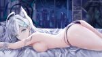  1girl absurdres age_fx animal_ear_fluff animal_ears ass blue_archive blue_eyes breasts broken_halo building cross_hair_ornament extra_ears grey_hair hair_between_eyes hair_ornament halo highres large_breasts long_hair looking_at_viewer lying mismatched_pupils on_bed on_stomach panties shiroko_(blue_archive) shiroko_(terror)_(blue_archive) solo thighs underwear wolf_ears 