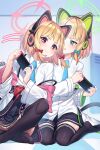  2girls absurdres animal_ear_headphones animal_ears black_thighhighs blonde_hair blue_archive blue_bow blue_necktie blunt_bangs bow cat_ear_headphones closed_mouth commentary_request fake_animal_ears hair_bow halo handheld_game_console headphones highres holding holding_handheld_game_console jacket looking_at_another looking_at_viewer midori_(blue_archive) momoi_(blue_archive) multiple_girls necktie nintendo_switch panties pantyshot pizza_(pizzania_company) red_bow red_eyes red_panties shirt short_hair siblings sisters sitting thighhighs underwear white_jacket white_shirt 