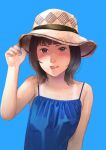  1girl blue_camisole blunt_bangs blush brown_eyes brown_hair brown_headwear camisole commentary_request hand_up hat highres looking_at_viewer medium_hair original simple_background solo straw_hat sweat tongue tongue_out torii_yoshitsuna upper_body white_background 