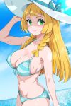  1girl absurdres alternate_breast_size bikini blonde_hair braid breasts cleavage closed_mouth cloud commentary_request covered_nipples day eyelashes green_bikini green_eyes hand_on_headwear hand_up hat highres large_breasts lillie_(pokemon) long_hair luene navel outdoors pokemon pokemon_(game) pokemon_sm sky smile solo sun_hat sweat swimsuit twin_braids white_headwear 