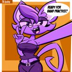  absurd_res anthro belt_buckle bremen_avenue_experience clothing domestic_cat felid feline felis female hi_res jessica_(bae) mammal navel purple_body purple_clothing purple_eyes purple_skin solo sparksaxel 