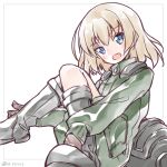  1girl black_footwear blonde_hair blue_eyes bob_cut boots border brown_gloves commentary girls_und_panzer gloves green_jumpsuit grey_border helmet jumpsuit katyusha_(girls_und_panzer) looking_at_viewer open_mouth outside_border pravda_military_uniform short_hair short_jumpsuit sitting smile solo tank_helmet unworn_headwear unworn_helmet vri_(tinder_box) white_background 