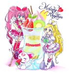  2girls blonde_hair blue_eyes bow cure_melody cure_rhythm dress eating english_text food frilled_dress frilled_skirt frilled_sleeves frills fruit green_eyes hair_bow headband holding holding_spoon hoppetoonaka3 houjou_hibiki hummy_(suite_precure) long_hair minamino_kanade multiple_girls parfait pink_hair ponytail precure puffy_short_sleeves puffy_sleeves ribbon short_sleeves skirt smile spoon strawberry suite_precure tongue tongue_out twintails white_background white_headband 