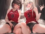  2girls absurdres armband bare_shoulders basketball_uniform bed bed_sheet black_shorts blonde_hair blush breasts brown_hair cameltoe commentary_request covered_nipples curtains gym_uniform highres indoors large_breasts long_hair looking_at_viewer midriff multiple_girls navel non-web_source on_bed original pillow short_hair shorts sitting sportswear spread_legs spread_pussy_under_clothes steaming_body sweat thighs toned window yuyu_(yuyuworks) 