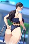  1girl adjusting_clothes adjusting_swimsuit alternate_costume ass bare_shoulders black_hair black_one-piece_swimsuit blush breasts brown_eyes fire_emblem fire_emblem_engage food_in_mouth full-face_blush gold_trim highres large_breasts long_hair looking_at_viewer looking_back mitan_(fire_emblem) mouth_hold one-piece_swimsuit pool pool_ladder popsicle_in_mouth solo swimsuit twitter_username wet wet_clothes wet_swimsuit yamanata 