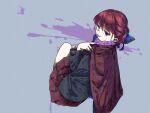 1girl black_shirt blue_bow bow cape grey_background hair_bow long_sleeves nama_udon pleated_skirt red_cape red_eyes red_hair red_skirt sekibanki shirt short_hair skirt solo tongue tongue_out touhou 