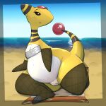  2023 ampharos anthro armwear beach belly blue_sky bottom_heavy bottomless bottomless_female clothed clothing female fishnet fishnet_armwear fishnet_legwear front_view full-length_portrait generation_2_pokemon genitals hi_res honeymono legwear nintendo overweight overweight_female pokemon pokemon_(species) portrait pussy sand sea seaside sitting sky solo thick_thighs water yellow_body 