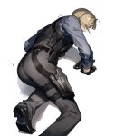  1boy ass ass_focus black_gloves black_pants blue_shirt brown_hair bulletproof_vest e_(h798602056) gloves gun holster holstered_weapon leon_s._kennedy male_focus pants resident_evil resident_evil_6 shirt short_hair simple_background solo thigh_holster weapon white_background 