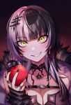  1girl absurdres apple black_coat black_hair breasts chest_belt choker cleavage coat fang food fruit fur-trimmed_coat fur_trim glowing glowing_eyes grey_hair grin hair_ornament highres holding holding_food holding_fruit hololive hololive_english looking_at_viewer medium_breasts multicolored_hair open_mouth rakku_(rkrmz0n) red_background shiori_novella simple_background smile solo split-color_hair two_side_up upper_body virtual_youtuber yellow_eyes yorick_(shiori_novella) 